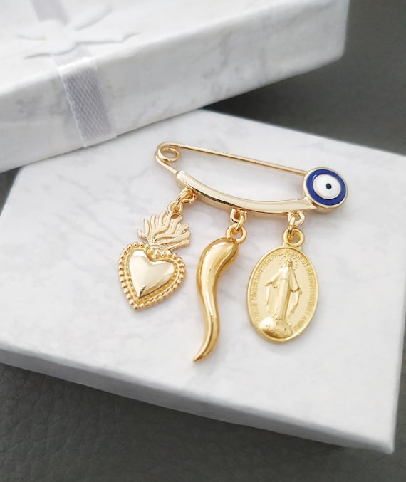 Sacred Heart Pin Italian Horn Charm Malocchio Brooch Italy Gifts Etsy