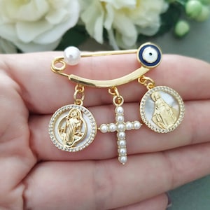 Shell Catholic Baby Pin, Virgin Mary and Saint Benedict Crib Medallion