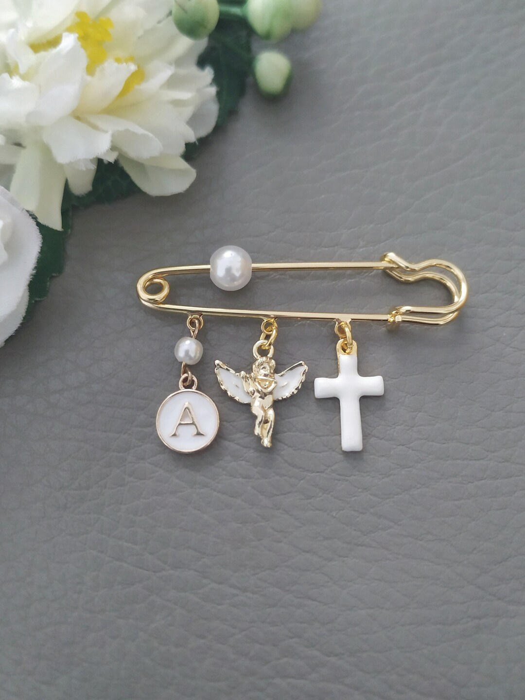 Catholic Cross Brooch, Custom Baptism Baby Pin With Guardian Angel ...