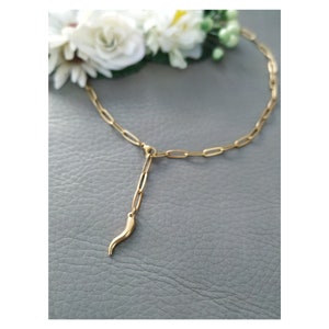 Italian Horn Necklace, Lucky Cornicello Charm, 14k Gold Waterproof Titanium Steel