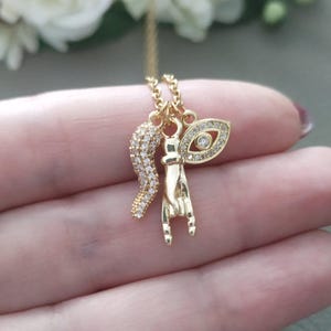 Dainty Italy Horn Necklace, Italian Hand Pendant, Iced out Gold Eye Charm, Malocchio Jewelry