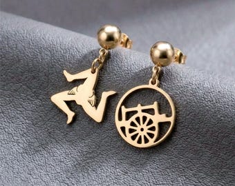 Sicilian Earrings, Sicily Cart Wheel & Trinacria Asymmetrical Studs in Stainless Steel