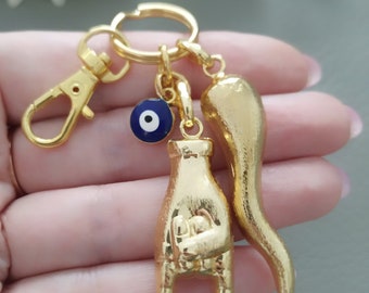 Italian Horn Keychain, Gold Maloik Hand, Mano Cornuto Bag