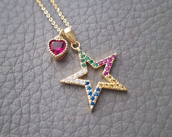 Druze Faith Star Necklace with Zirconia CZ Pave Heart Charm