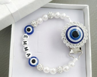 Bespoke Pacifier Clip with Evil Eye, Protection for New Baby