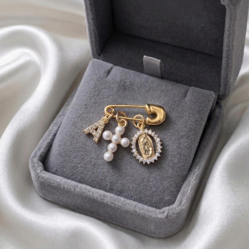 Custom Tiny Baptism Pin With Pearl Cross & Virgin Mary Charms - Etsy