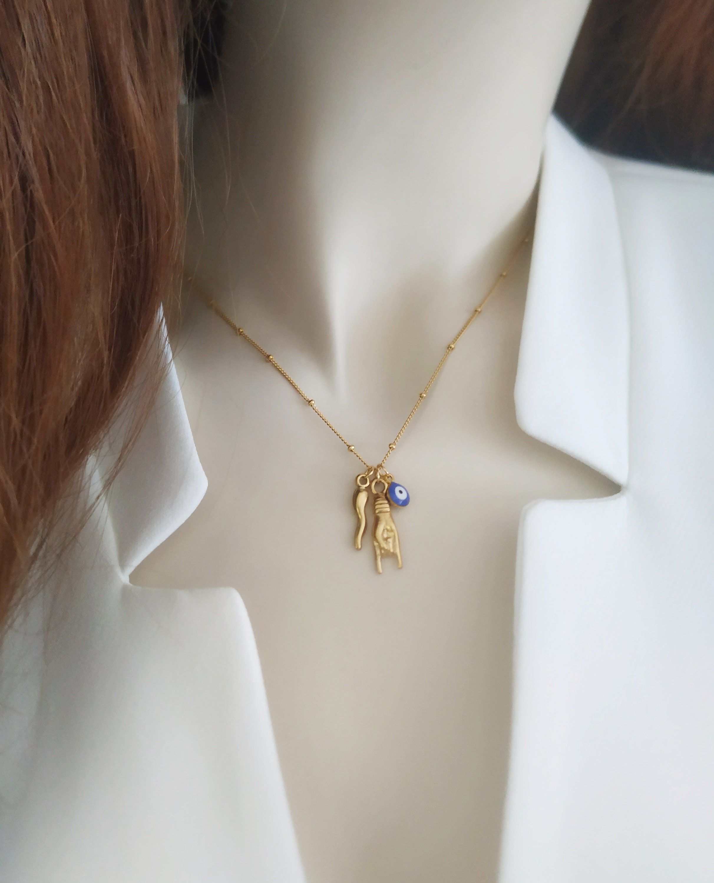 Dainty Italian Horn Eye Hand Necklace Gold Cornicello Charm Etsy