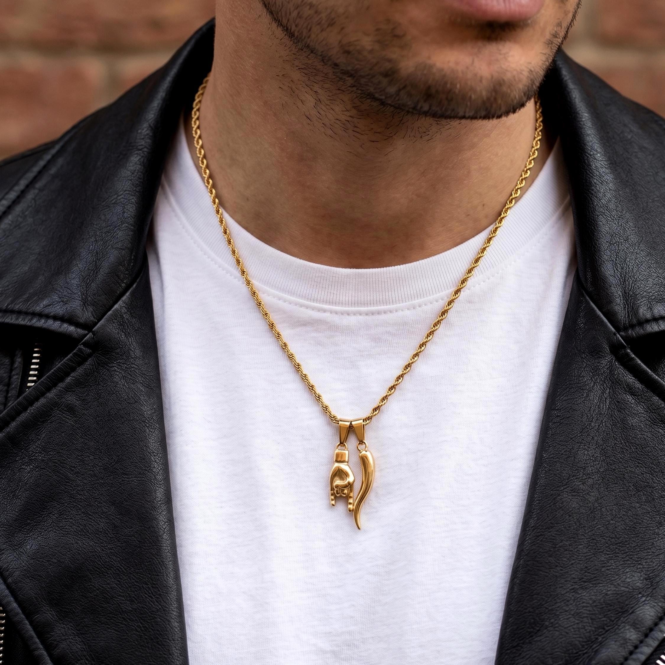 Italian Charm Necklace, Cornicello Lucky Horn, Maloik Hand Men
