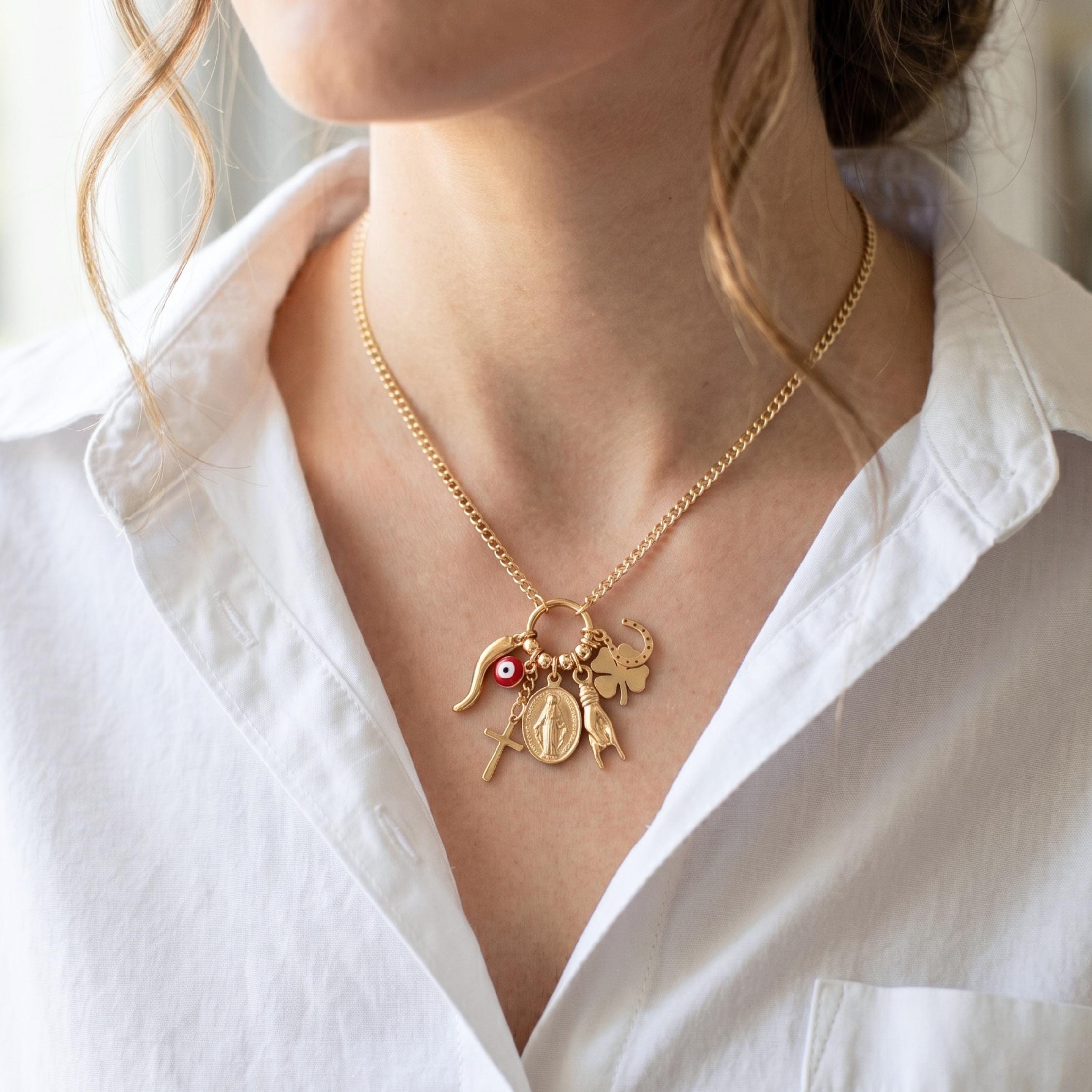 Evil Eye Italian Charm Necklace, Gold Cornicello, Clover, Maloik