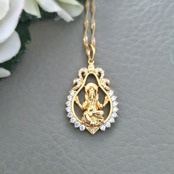 Gold Ganesha Necklace, Fine Hindu Jewelry, Ganesha Gold Pendant, Personalized Ganesha Necklace with Initial