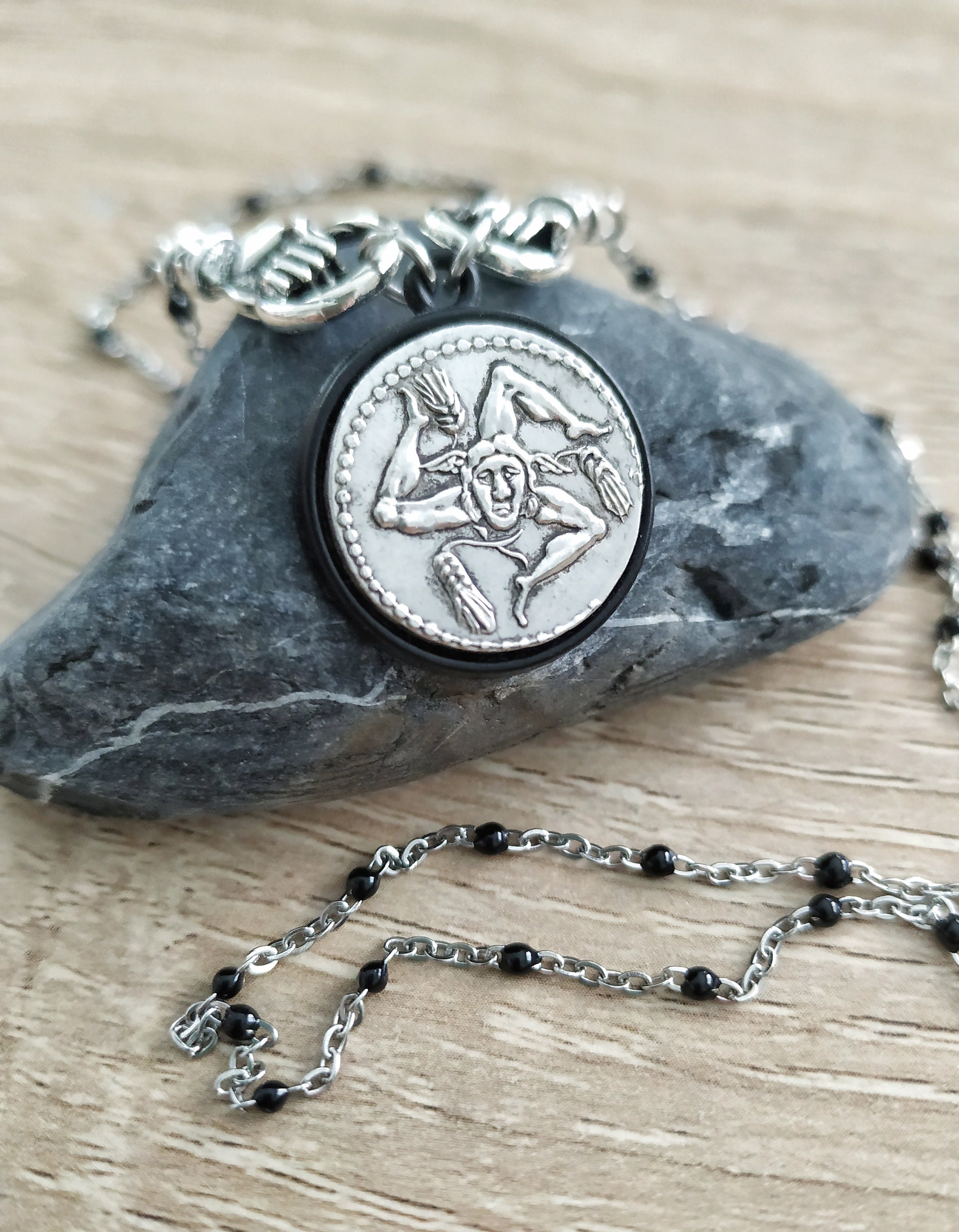 Trinacria Coin Necklace, Ancient Sicilian Three Legged Symbol 