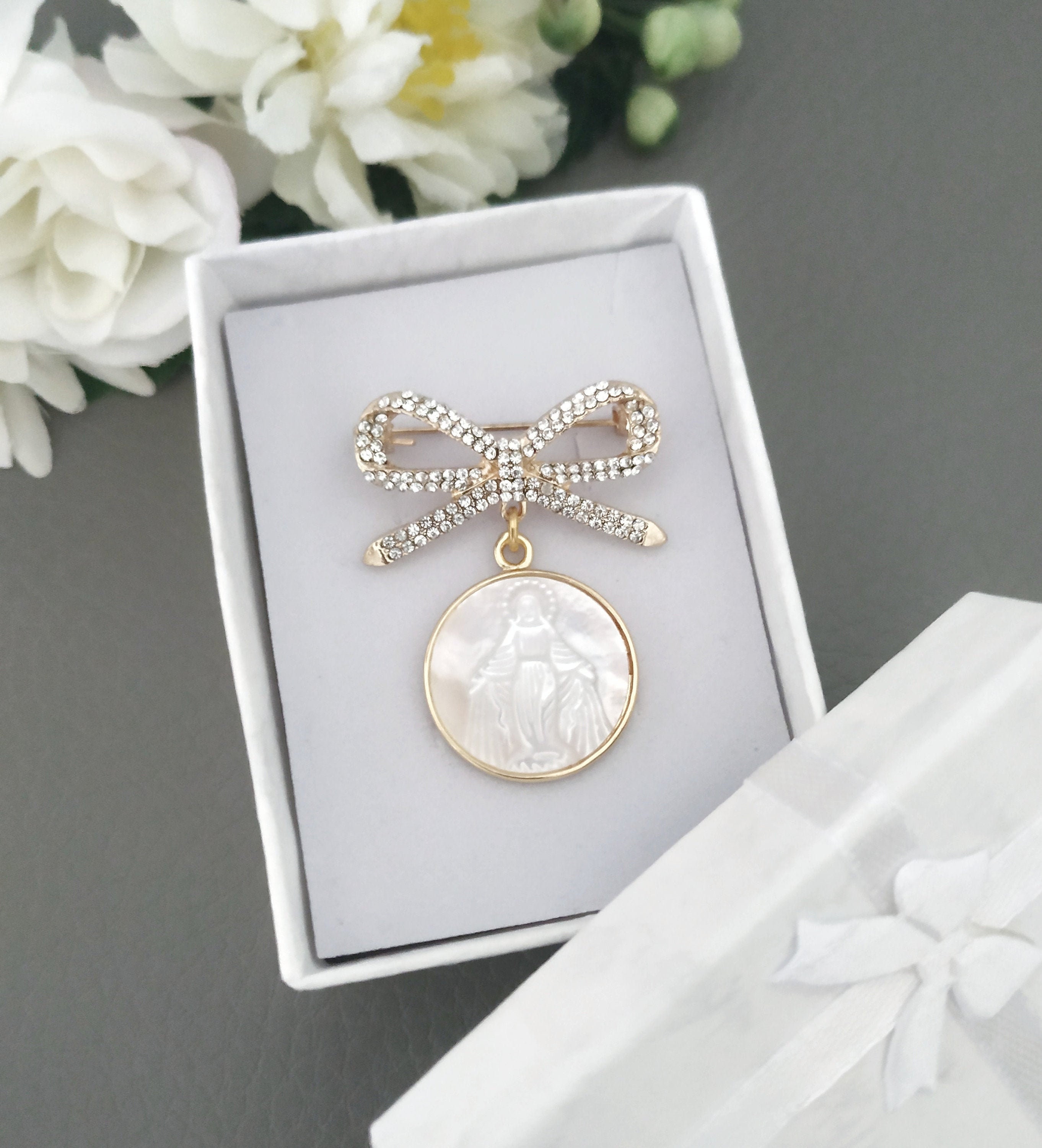 Gold Bow Crib Medal, Baby Baptism Virgin Mary Mother of