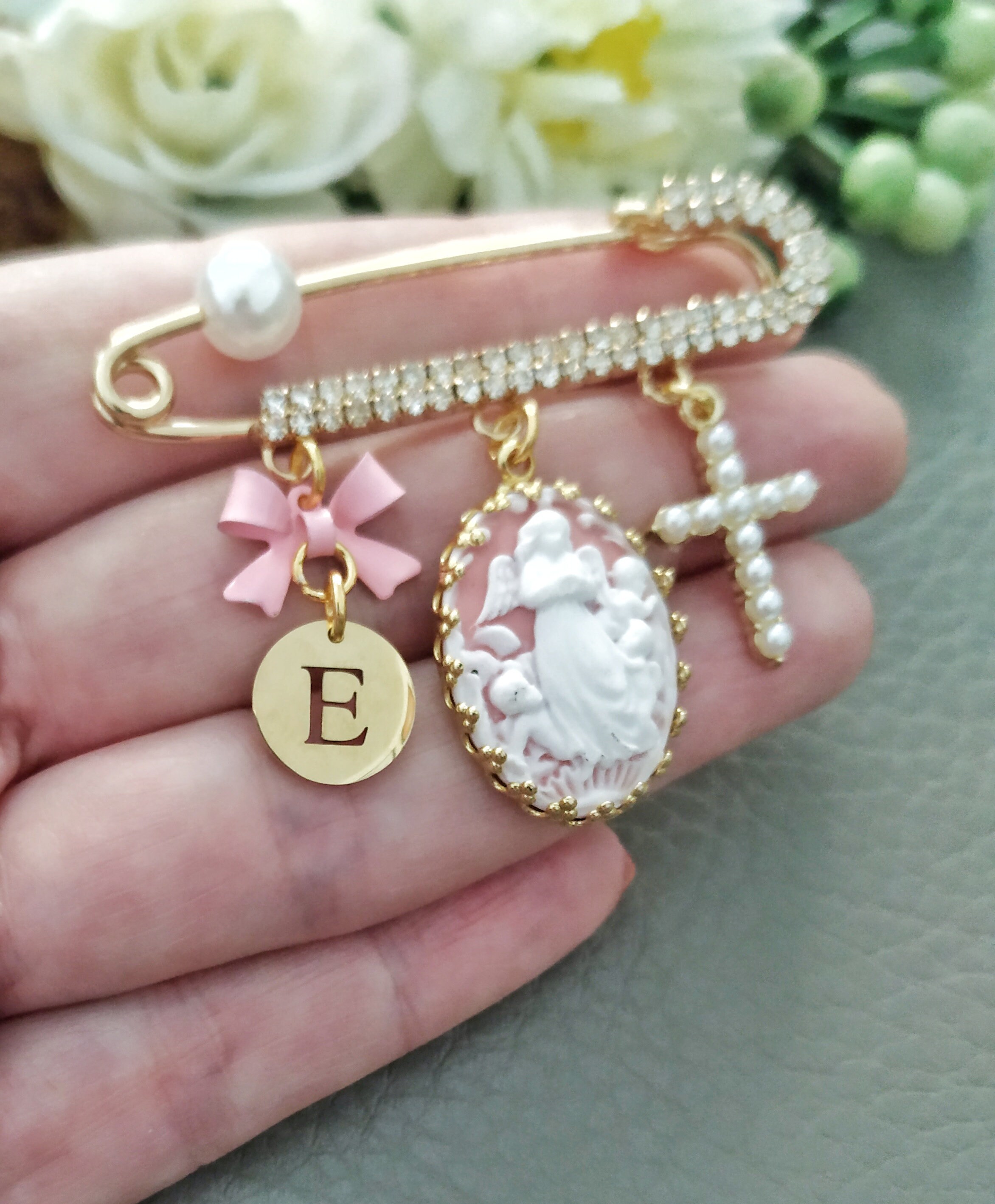 Custom Baptism Pin, Guardian Angel & Pearl Cross Protection Brooch - Etsy