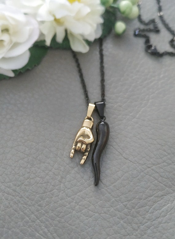 Men Italian Horn Necklace Gold Black Steel Waterproof Maloik