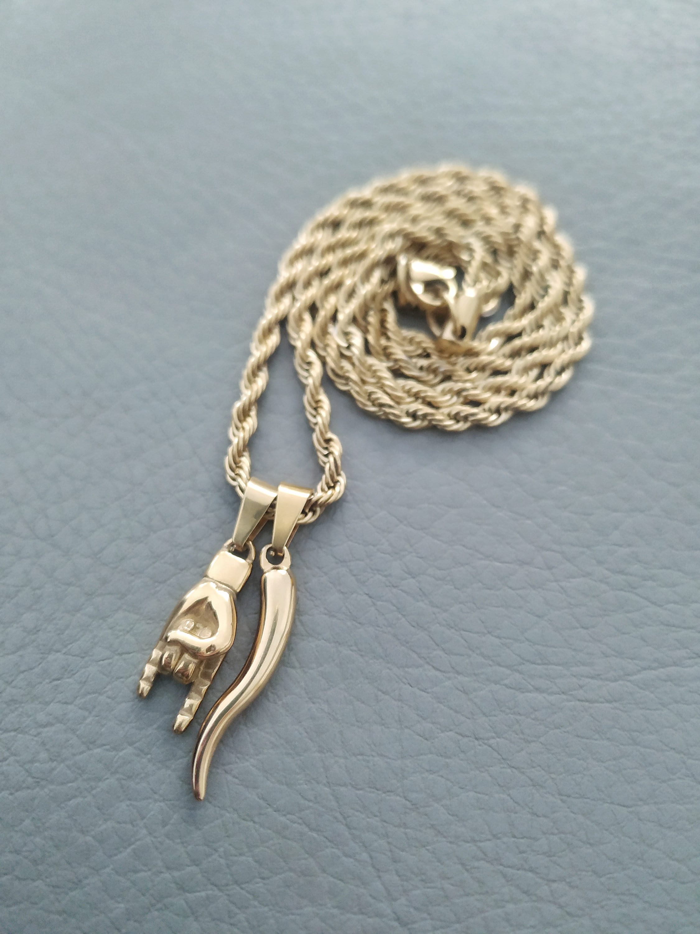Italian Charm Necklace, Cornicello Lucky Horn, Maloik Hand Men
