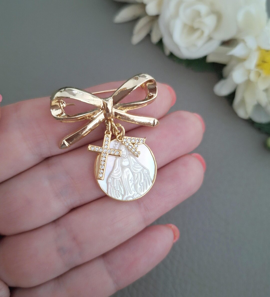 Small Bowknot Baptism Pin, Gold Custom Virgin Mary Cross Baby Medals - Etsy