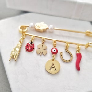 Italian Good Luck Charms Brooch, Gold Italy Horn Safety Pin, Mano Cornuto , Evil Eye, Cornicello Portafortuna