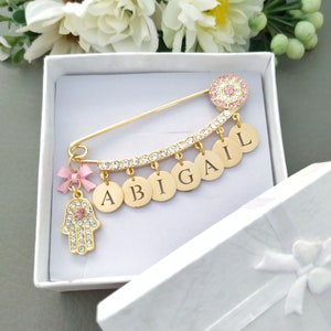 Evil Eye Name Pin, Gold Personalized Safety Pins for Baby Protection