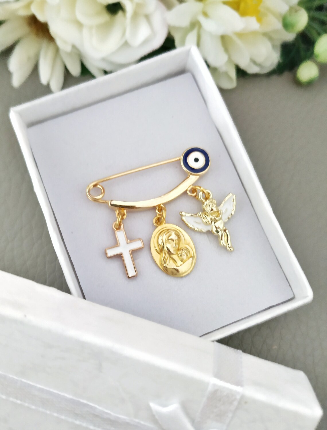 Baptism Gown Pin, Guardian Angel Brooch, Virgin Mary Jesus Gold ...
