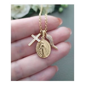 Cornicello Necklace, Gold Italian Horn, Madonna, Micro Pave Cross Charm, Portafortuna Scaramanzia