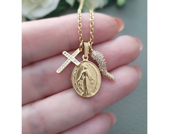 Cornicello Halskette, Gold Italienisches Horn, Madonna, Micro Pave Kreuz Anhänger, Portafortuna Scaramanzia