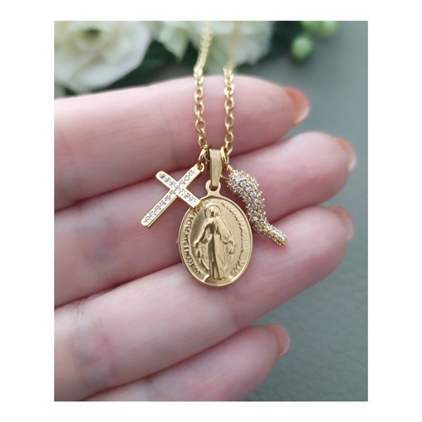 Cornicello Necklace, Gold Italian Horn, Madonna, Micro Pave Cross Charm, Portafortuna Scaramanzia