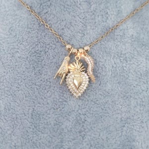 3 Italian Charms Necklace, 18K Gold Plated Sacred Heart & Mano Cornuto Bling Jewelry, Cornicello Italy Woman Gifts