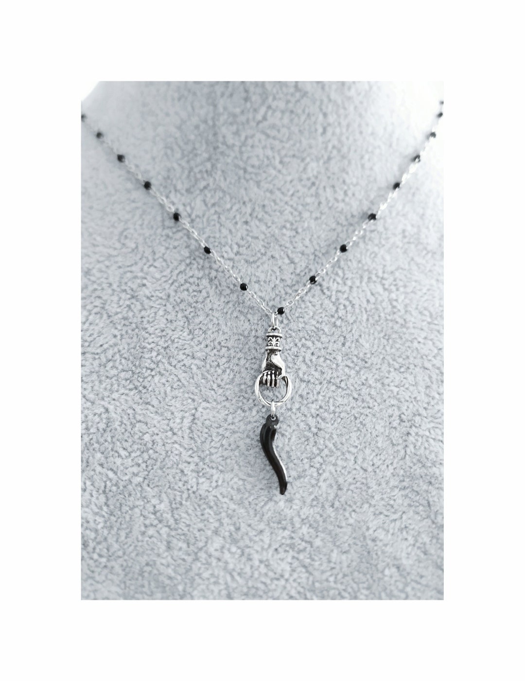 Italian Horn Hand Necklace Cornicello Charm Silver Black Etsy
