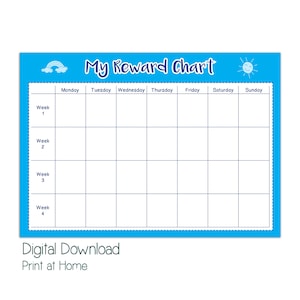 Puede incluir: Un cuadro de recompensas imprimible azul y blanco con un arcoíris y un sol. El cuadro está dividido en cuatro semanas, con cada semana teniendo siete días de la semana listados: lunes, martes, miércoles, jueves, viernes, sábado y domingo. El texto "My Reward Chart" está en la parte superior del cuadro.