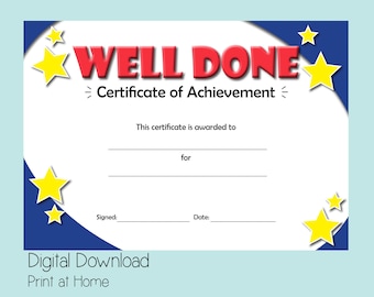 Kids certificate of achievement, good behaviour reward, digital download awards, congratulations certificate, well done gift for boys, prize