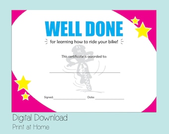 Printable cycling certificate, girls bike certificate, cycling award for child, bike riding award, kids certificate of achievement in pink