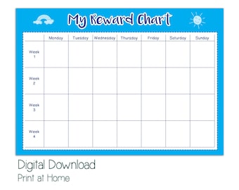 May include: A blue and white printable reward chart with a rainbow and a sun. The chart is divided into four weeks, with each week having seven days of the week listed: Monday, Tuesday, Wednesday, Thursday, Friday, Saturday, and Sunday. The text "My Reward Chart" is at the top of the chart.