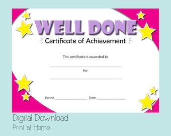 Printable certificate of achievement, good behaviour reward, digital download awards, congratulations certificate, well done gift for girls