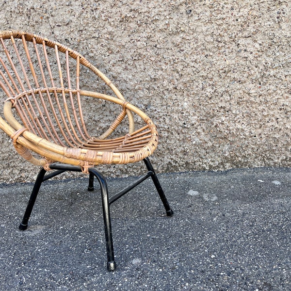 Armchair chair child feet metal black shell loveuse vintage wicker rattan rattan wicker old 1950