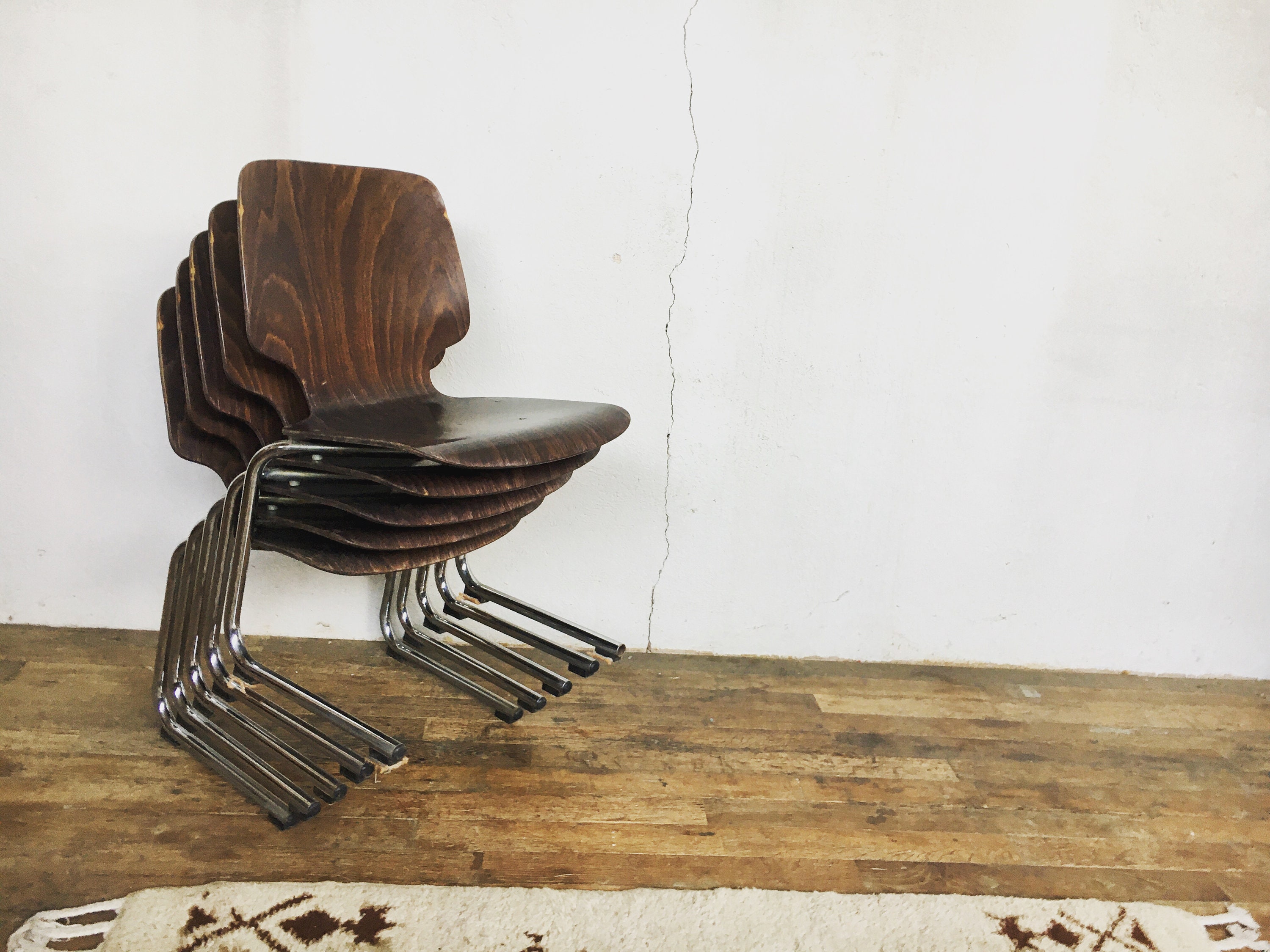 Série de 5 Chaises Empilables Vintage Rétro Flototto Pagholz Par Adam Stegner 1960 1970