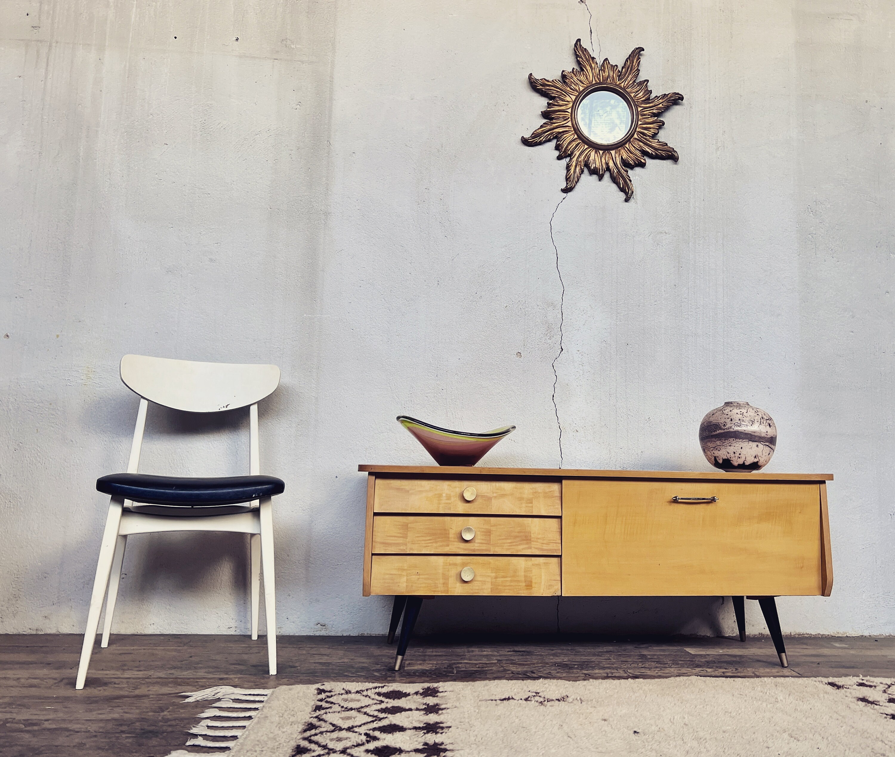 Enfilade Meuble Tv/Hifi Vintage en Bois Clair Pieds Compas Noir 1950 Legrand Design