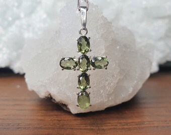 Moldavite Holy Cross Pendant with six faceted 5x3mm Moldavite