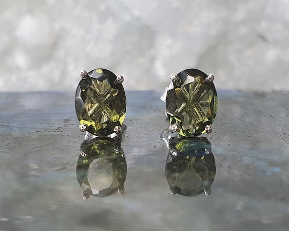 Sterling Silver Faceted Moldavite Oval Earrings Sterling Silver Faceted Moldavite Oval Earrings