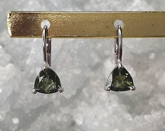 Moldavite Magical Triangle Earrings with 6mm faceted Moldavite