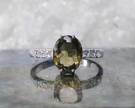 Moldavite Standing in the Light Ring with 7×9mm faceted Moldavite and cubic zirconia | Genuine Moldavite Ring | Certified Moldavite Ring