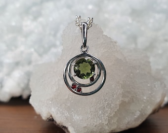 Moldavite Ripples of Change Pendant with three faceted 3mm Moldavite and garnets | Genuine Moldavite Pendant | Meditation | Crystal