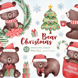 Watercolor Christmas Bear Clipart, Cute Xmas Woodland Animals PNG image 1