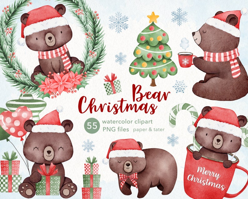 Watercolor Christmas Bear Clipart, Cute Xmas Woodland Animals PNG image 1