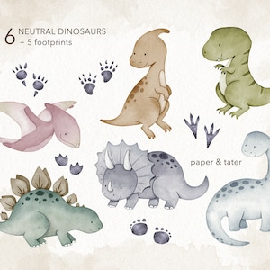 Watercolor Dinosaur Clipart, Neutral Dino Clip Art, Cute Baby Dinosaur PNG image 2