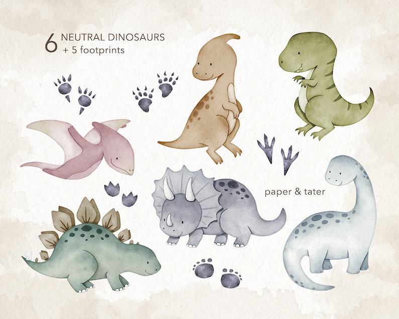 Watercolor Dinosaur Clipart, Neutral Dino Clip Art, Cute Baby Dinosaur PNG image 2