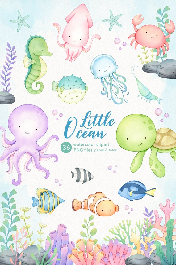 Watercolor Sea Animals Clipart Cute Ocean Baby Animals PNG - Etsy Watercolor Sea Animals Clipart Cute Ocean Baby Animals PNG - Etsy