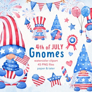 VENTE D'Adieu - Clipart aquarelle de gnomes du 4 juillet, gnomes de la fête de l'indépendance, gnomes d'Amérique des Etats-Unis Png