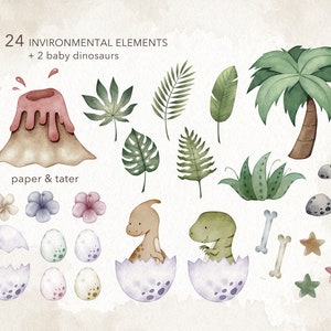 Watercolor Dinosaur Clipart, Neutral Dino Clip Art, Cute Baby Dinosaur PNG image 3