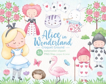 Alice in Wonderland Watercolor Clipart, Queens Croquet Ground, Alice PNG