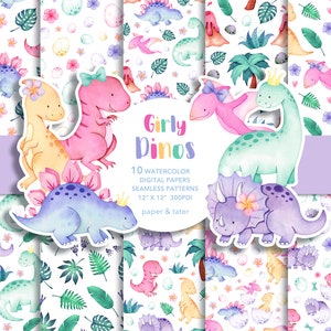 Watercolor Girly Dinosaurs Digital Papers, Fabric Seamless Repeat Pattern, Cute Dino Background image 1